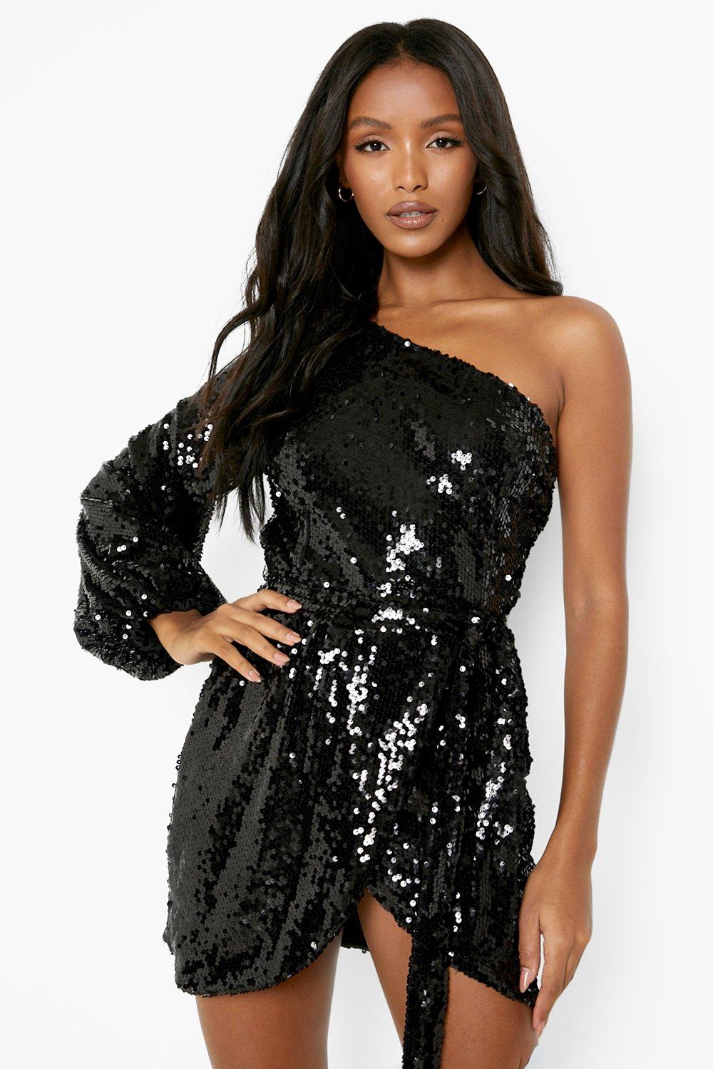 Black one store shoulder sequin dress