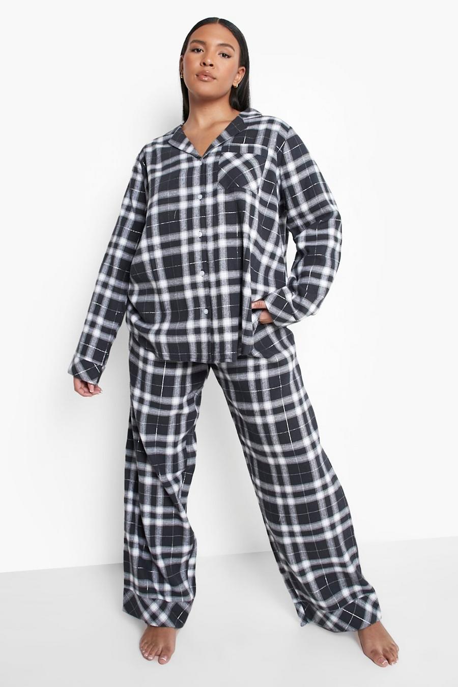 Set pigiama Plus Size in flanella a quadri effetto lucido, Black image number 1