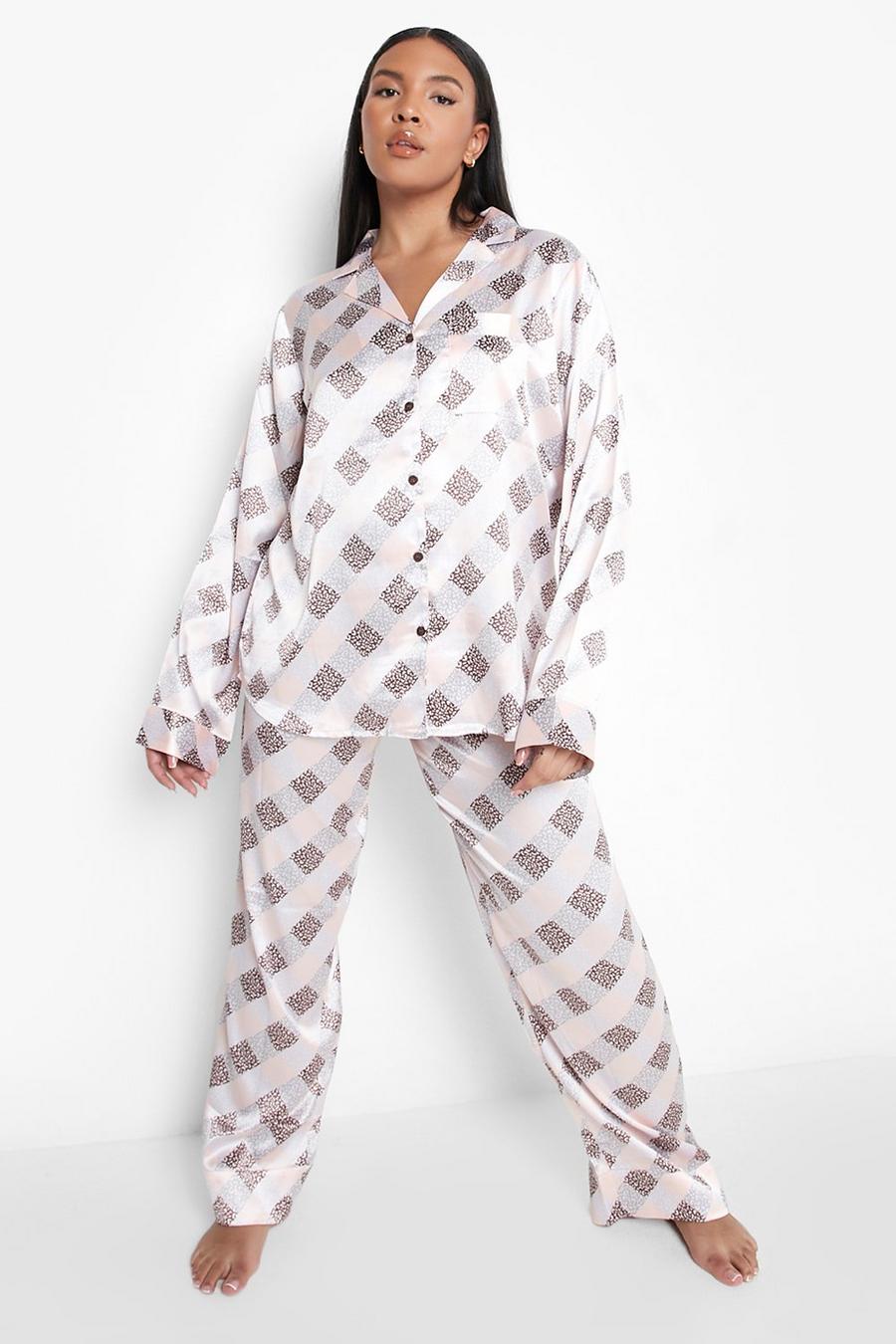 Plus Leopard Check Satin Pyjama Set image number 1