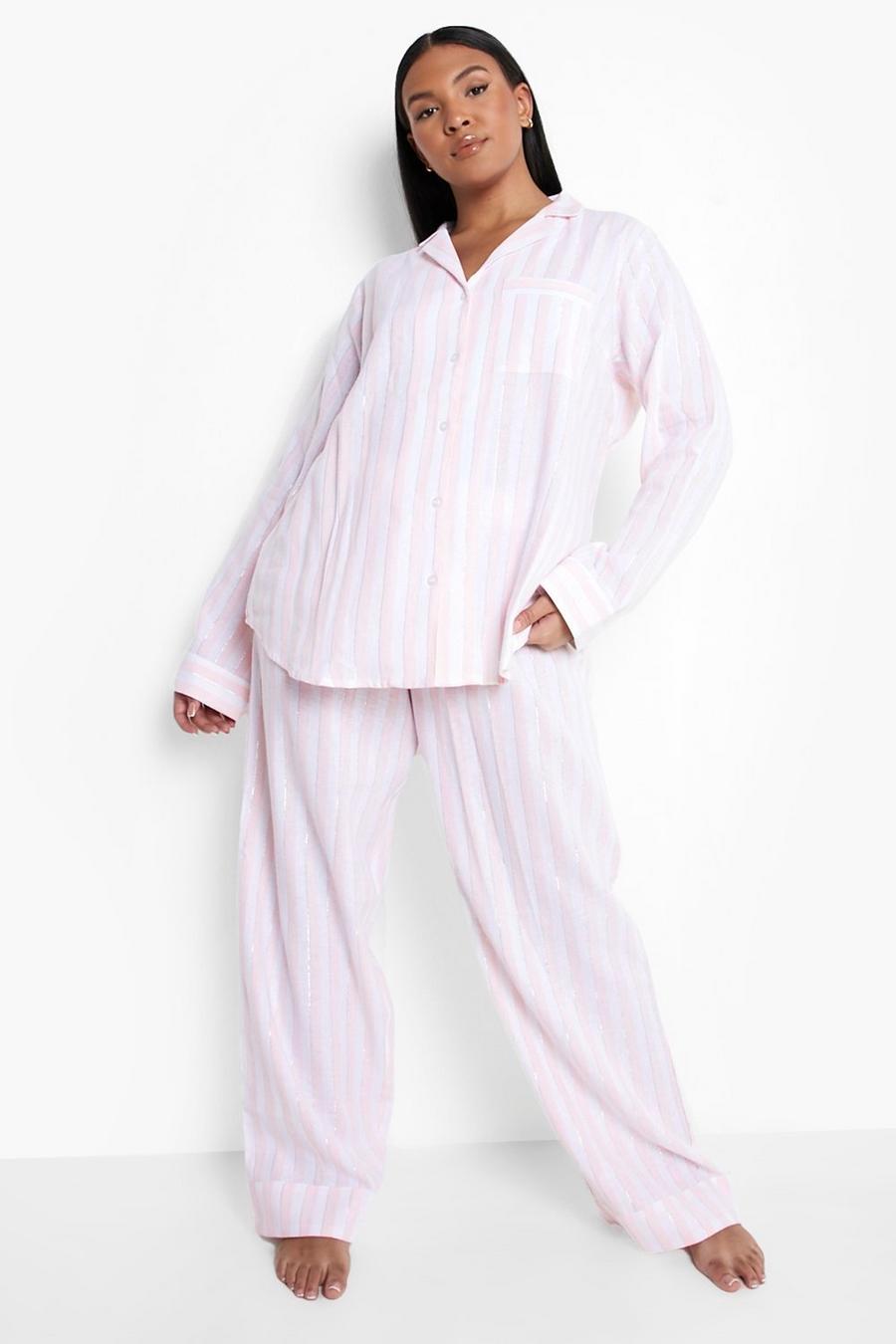 Set pigiama Plus Size luccicante in flanella a righe, Pink image number 1