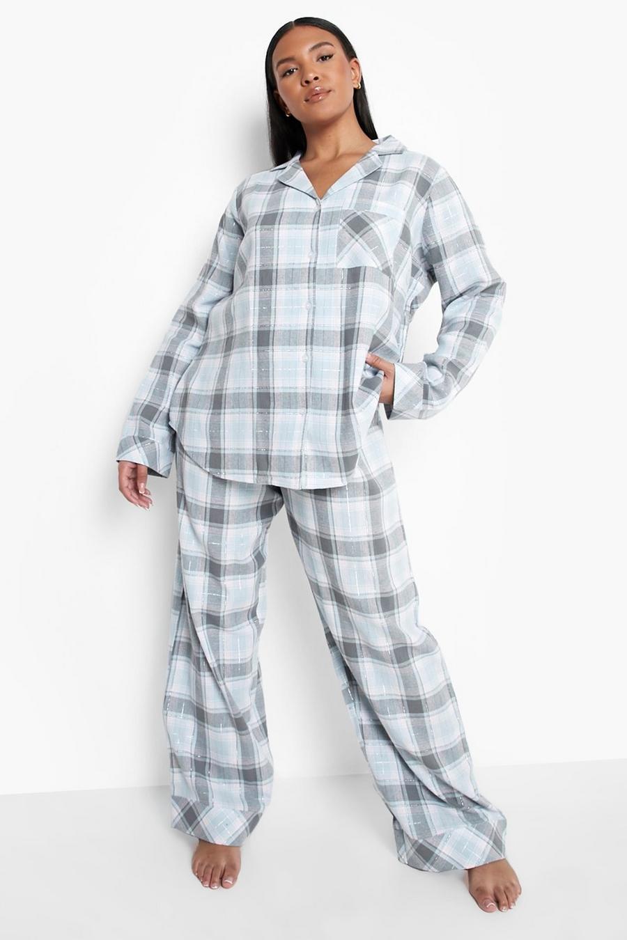 Set pigiama Plus Size luccicante in flanella a quadri, Grey image number 1