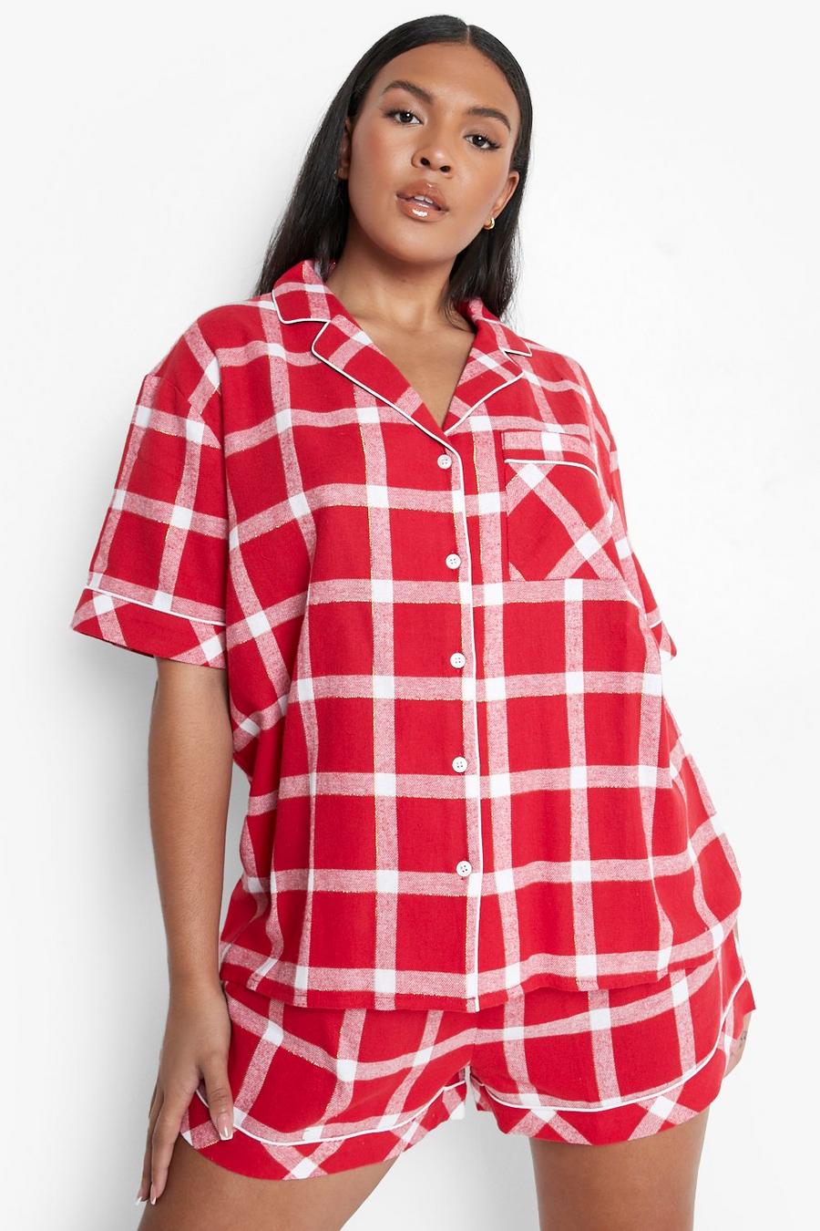 Red Plus Glimmende Geruite Flanellen Pyjama Set Met Shorts image number 1