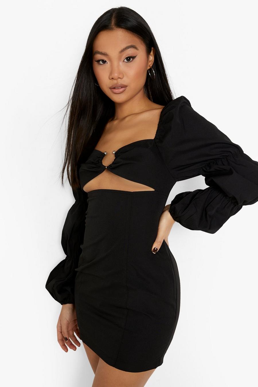Black Petite Puff Sleeve Ring Front Mini Dress image number 1