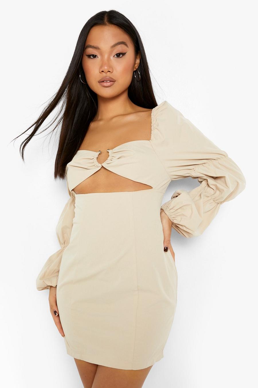 Champagne Petite Puff Sleeve Ring Front Mini Dress image number 1