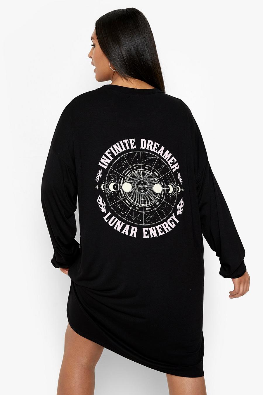 Vestito T-shirt Plus Size a maniche lunghe con grafica Lunar Energy, Black image number 1
