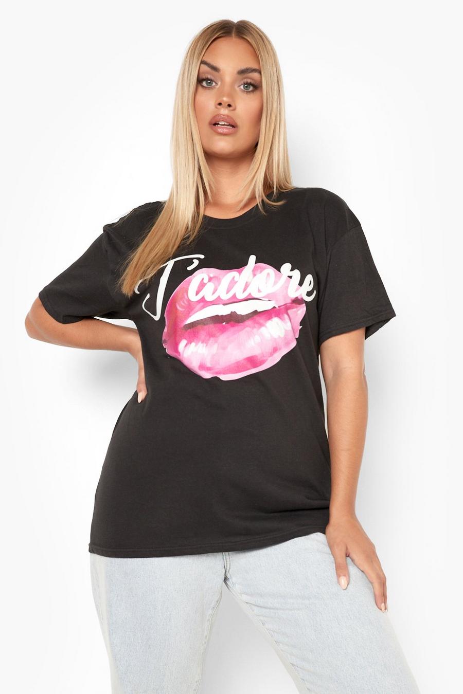 T-shirt Plus Size con labbra e scritta J'Adore, Black image number 1