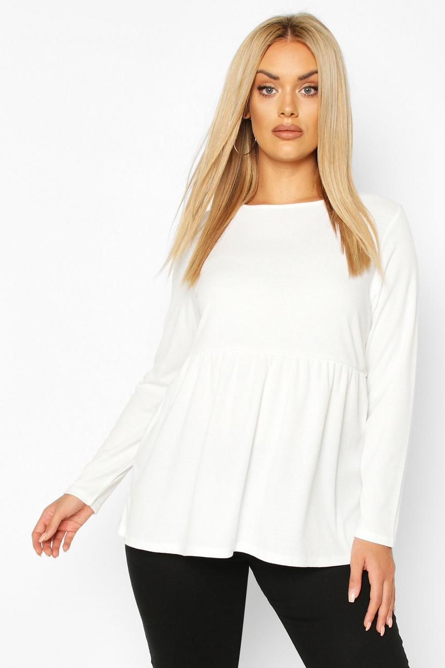 White weiß Plus Super Soft Rib Long Sleeve Smock Top image number 1