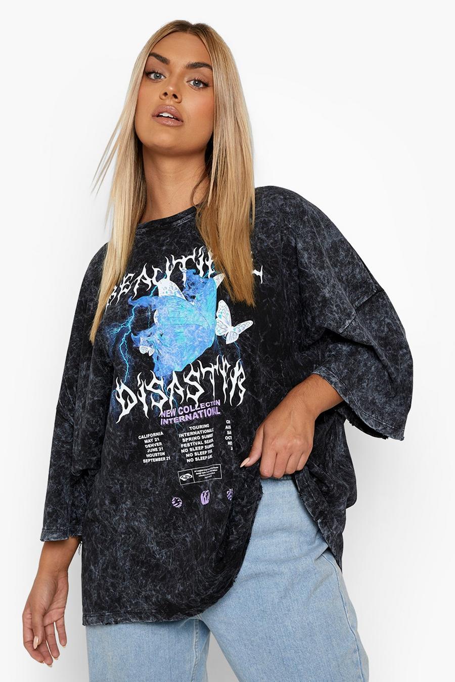 Black Tessa Brooks Plus Graphic Acid Washed Distressed T-Shirt image number 1