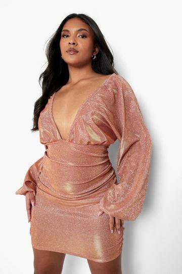 Plus Glitter Plunge Puff Sleeve Mini Dress bronze