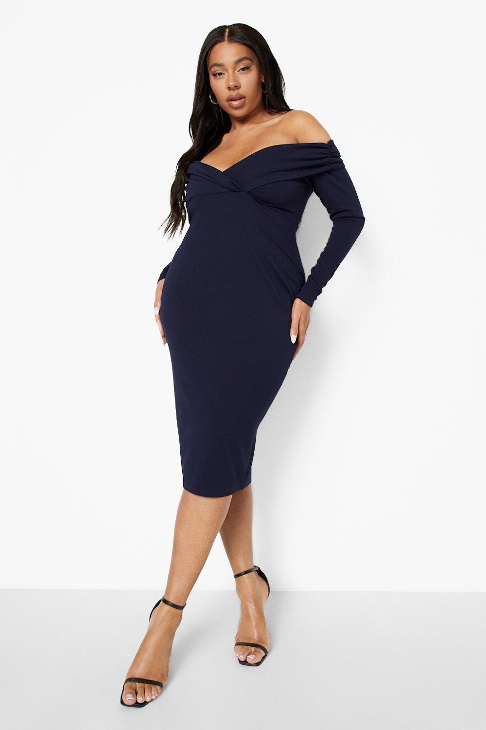 Off the shoulder midi dress boohoo hotsell