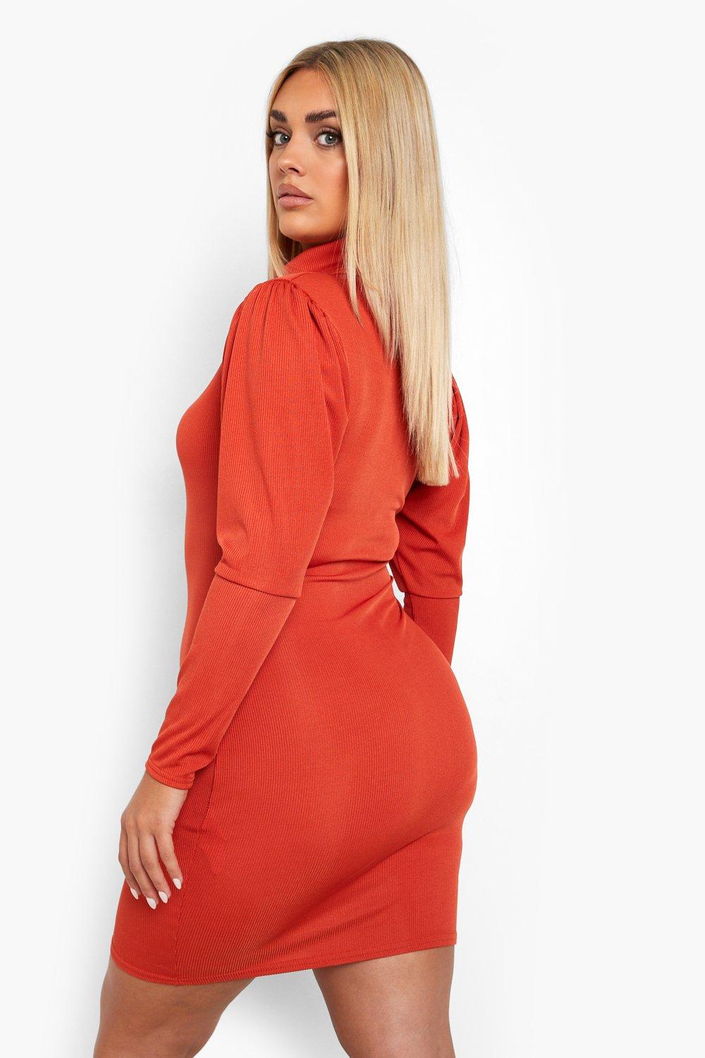 Boohoo Plus Rib Roll Neck Bodycon Dress in Rust Red Womens Clothing Dresses Cocktail and party dresses 