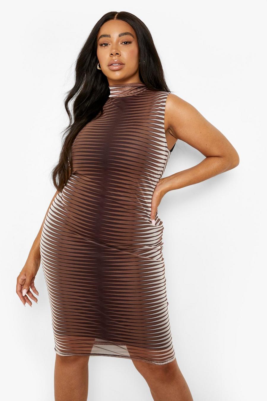 Brown Plus Printed Stripe Mesh High Neck Midi Dress image number 1