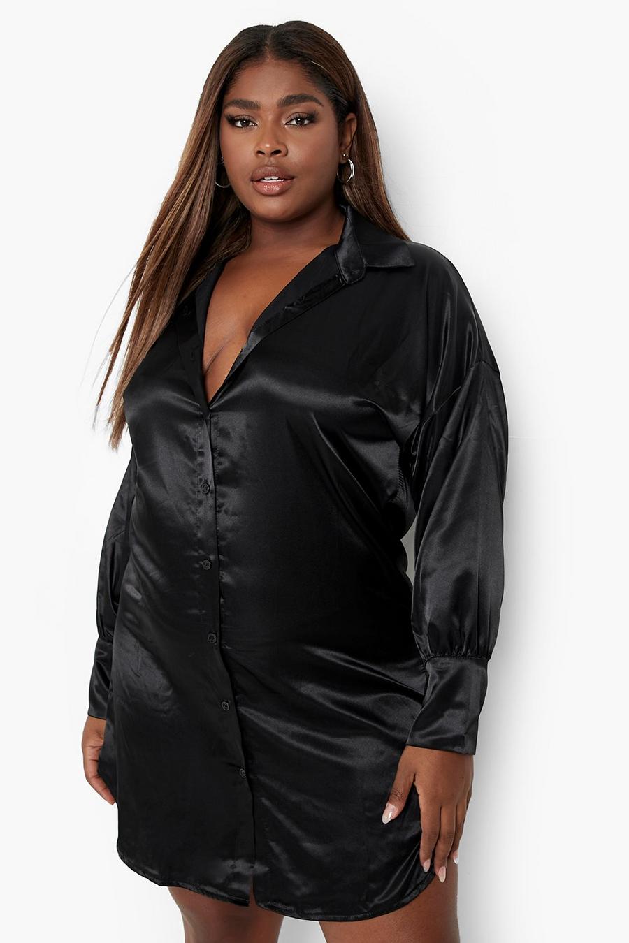 Black Plus Satin Oversized Shirt Dress image number 1