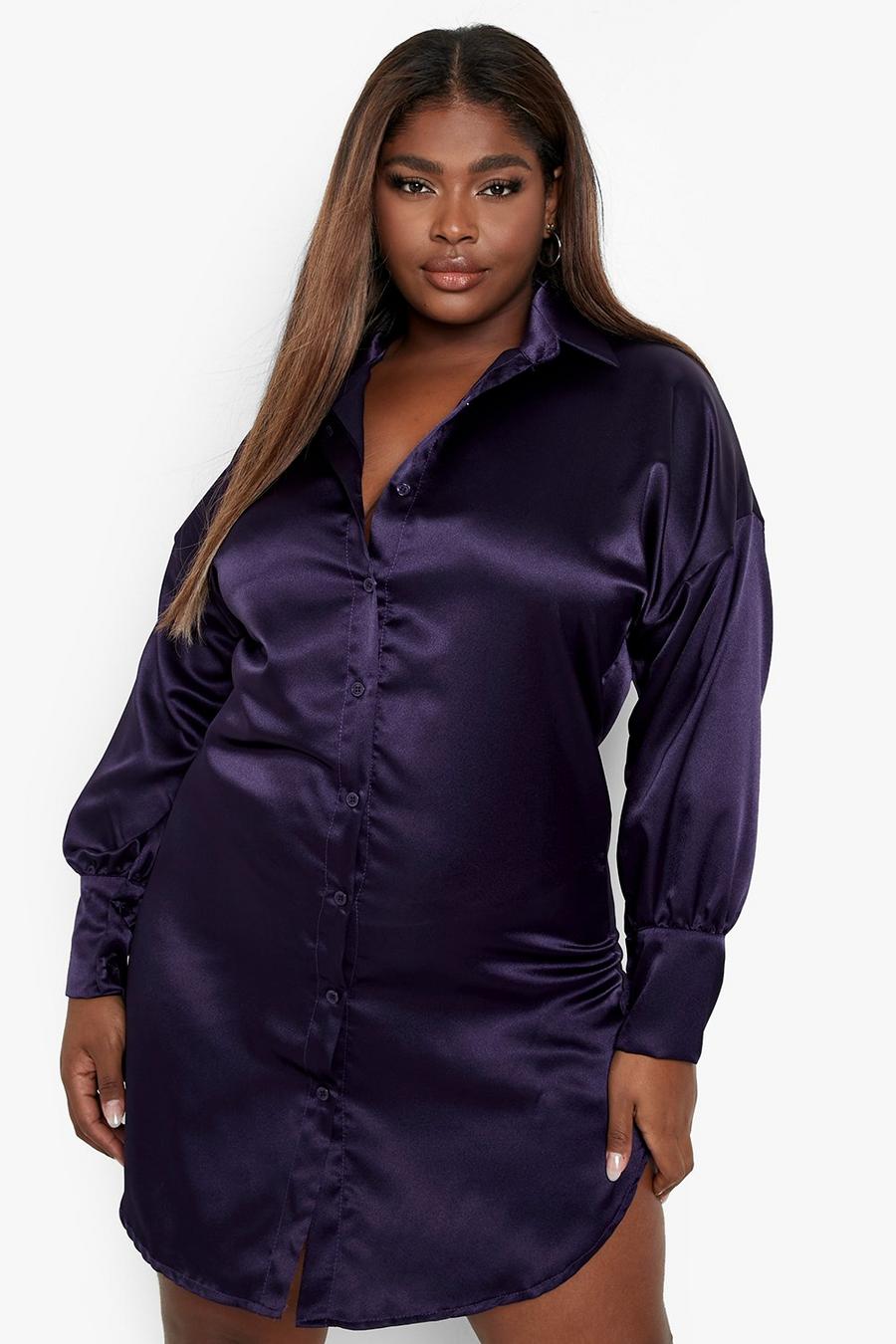 Jewel purple Plus - Leopardmönstrad oversize skjortklänning i satin image number 1
