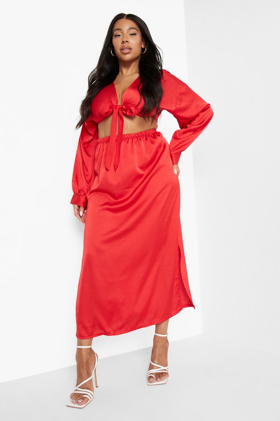 Red Plus Satin Tie Front Skirt Co-ord