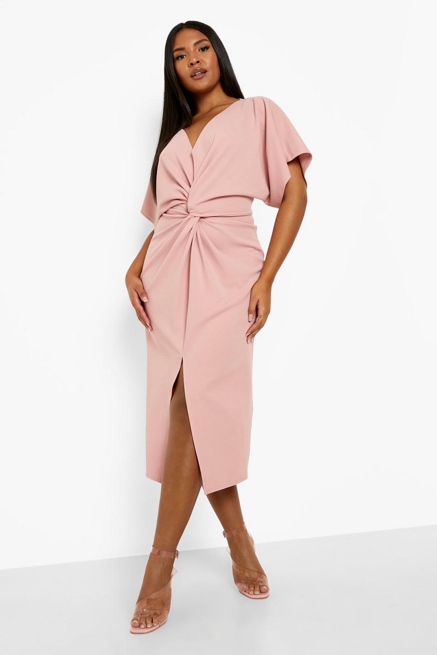 Vestito midi Plus Size con dettagli attorcigliati e spacco frontale, Blush rosa