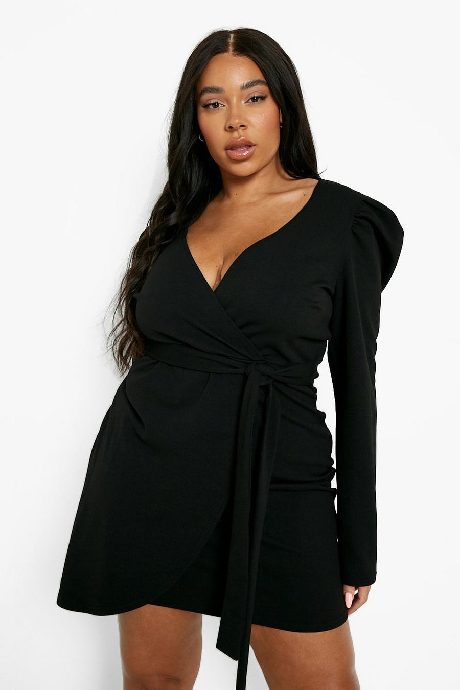 Black Plus Wrap Belted Puff Sleeve Dress image number 1