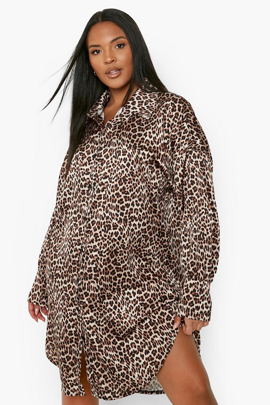 Grande taille - Robe chemise oversize satinée à imprimé léopard, Leopard image number 1