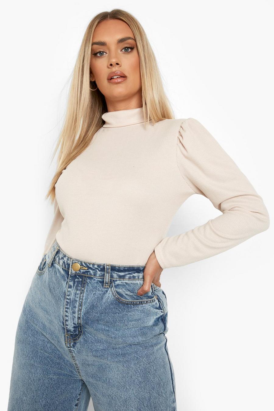 Stone Plus Puff Sleeve Rib Roll Neck Top image number 1