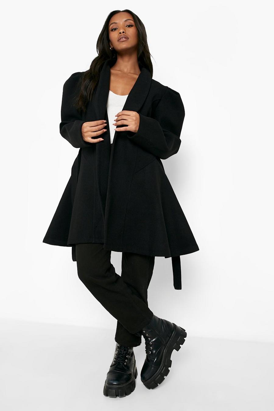 Black Petite Puff Sleeve Belted Wool Look Coat image number 1