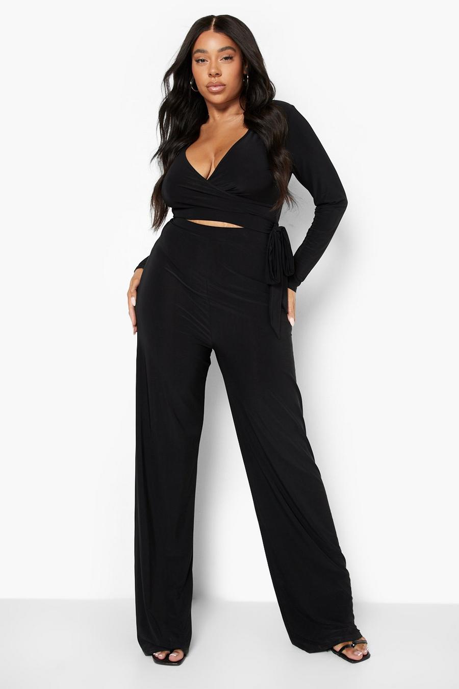 Black Plus Slinky Wrap Top And Trouser Co-ord image number 1