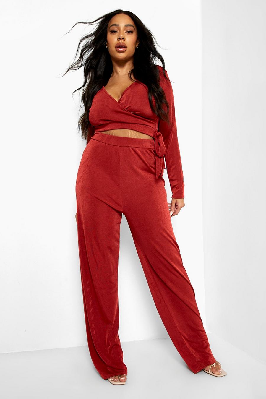 Rust Plus Slinky Wrap Top And Pants Co-Ord image number 1
