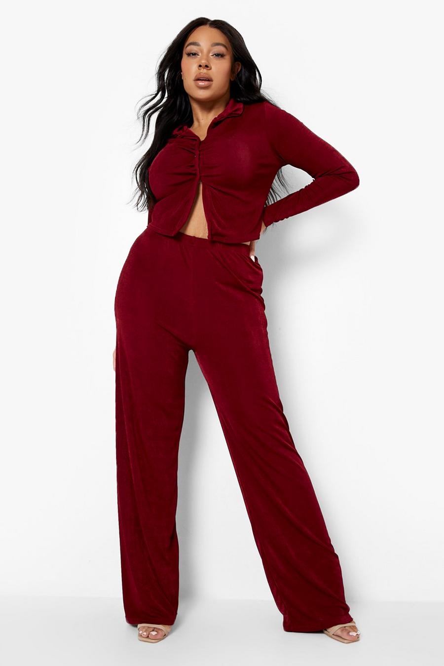 Berry Plus Slinky Ruched Shirt And Pants Two-Piece image number 1