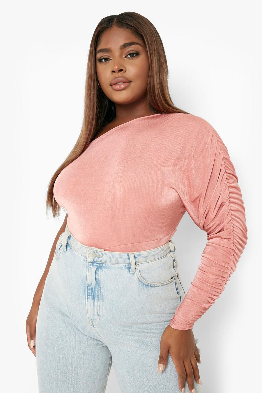 Pink Plus Ruched One Sleeve Bodysuit image number 1