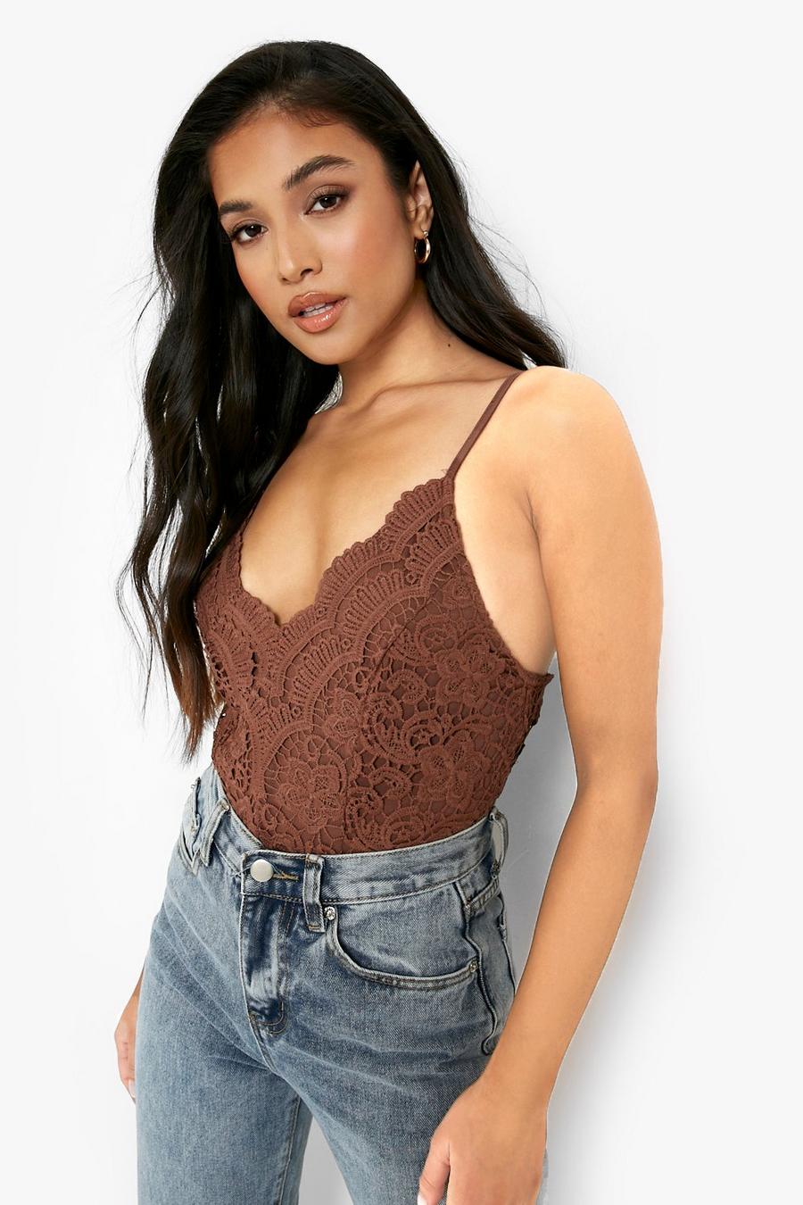 Chocolate Petite Scallop Edge Strappy Lace Bodysuit image number 1