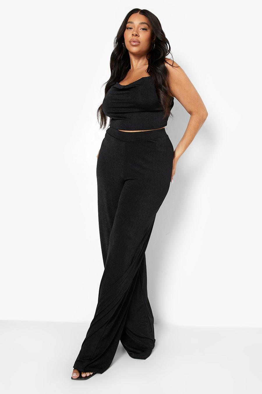 Black Plus Slinky Cowl Neck And Pants Two-Piece image number 1