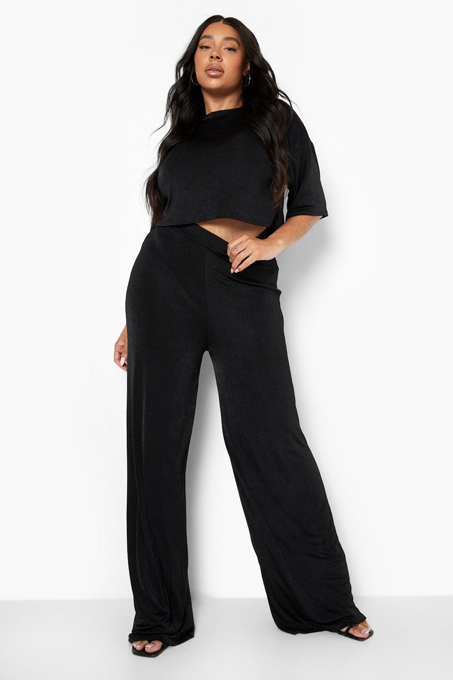 Black Plus Slinky Top And Wide Leg Pants Two-Piece image number 1