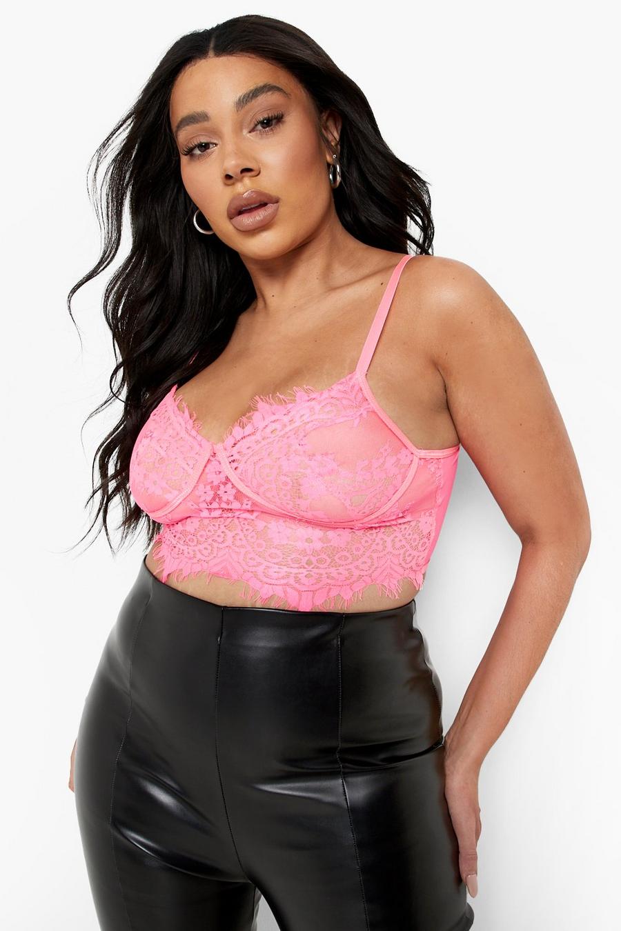 Bralette Plus Size in pizzo in colori fluo, Neon-pink image number 1