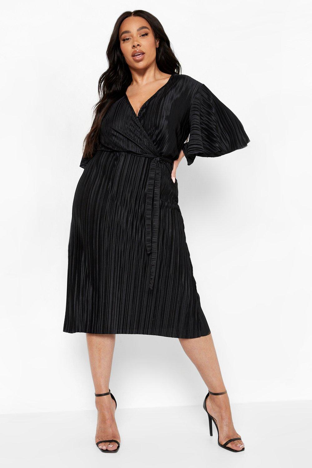 Black plisse hot sale wrap dress