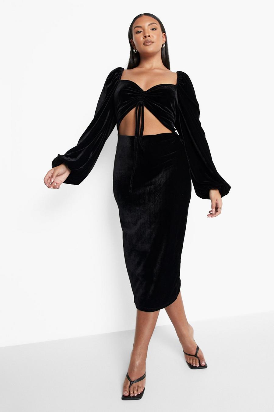 Black noir Plus Velvet Cut Out Ruched Midi Dress image number 1