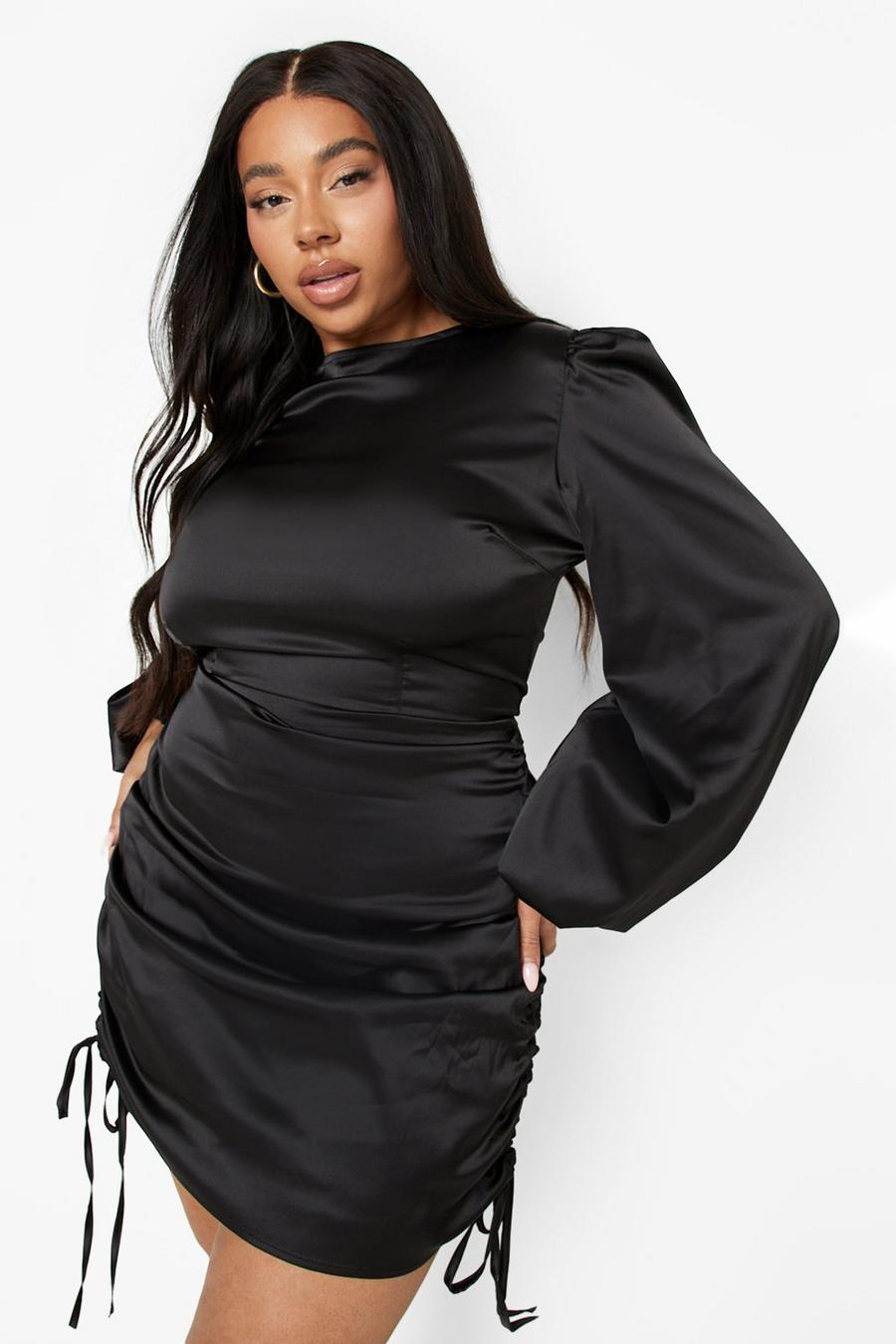 Black Plus Woven Satin Ruched Bodycon Dress image number 1