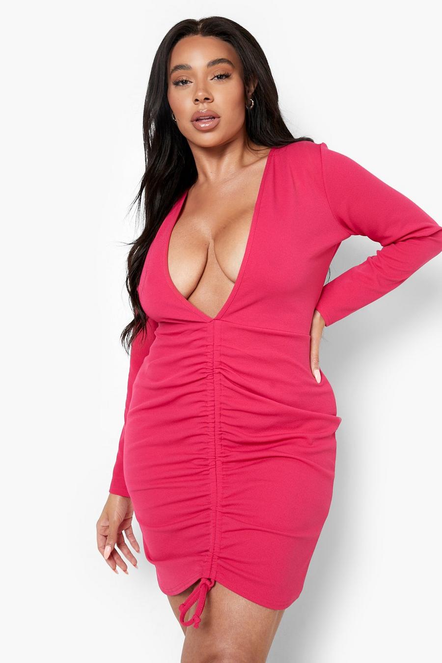 Hot pink Plus - Bodyconklänning med låg urringning och rynkade detaljer image number 1
