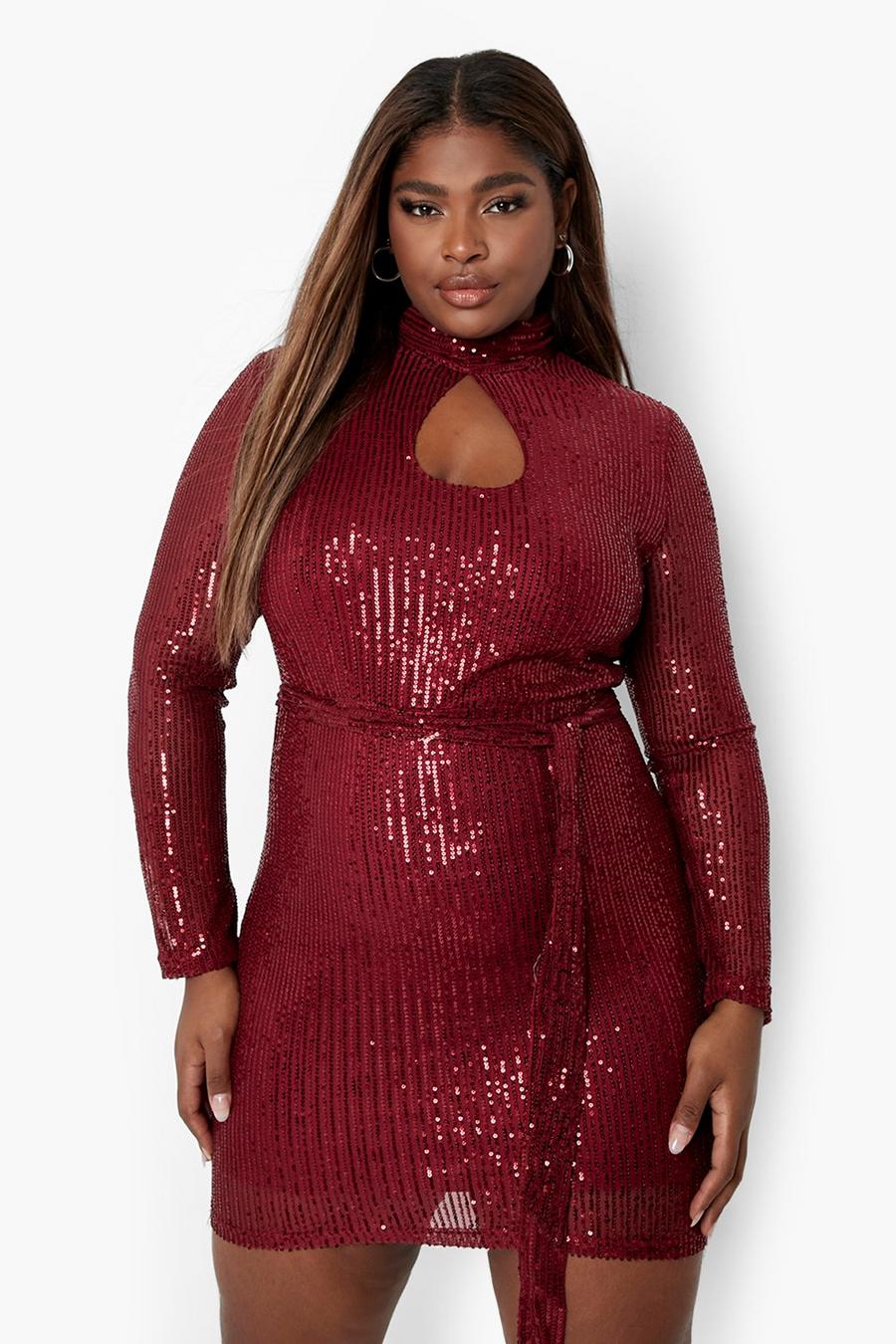 Berry Plus Sequin High Neck Belted Mini Dress image number 1