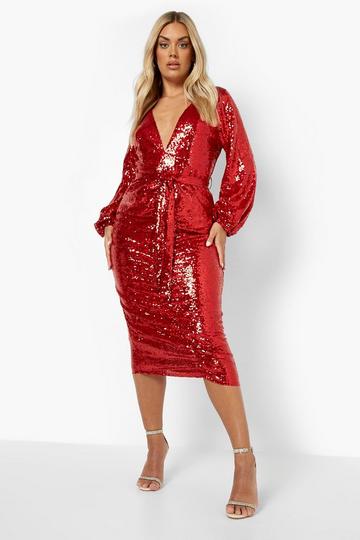 Plus Sequin Ruched Belted Midi Dress red