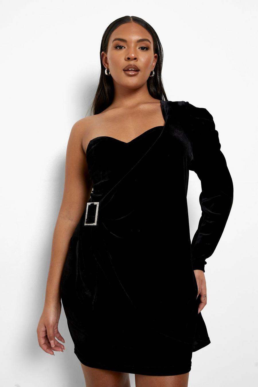 Black Plus - Kort one shoulder-klänning i sammet image number 1