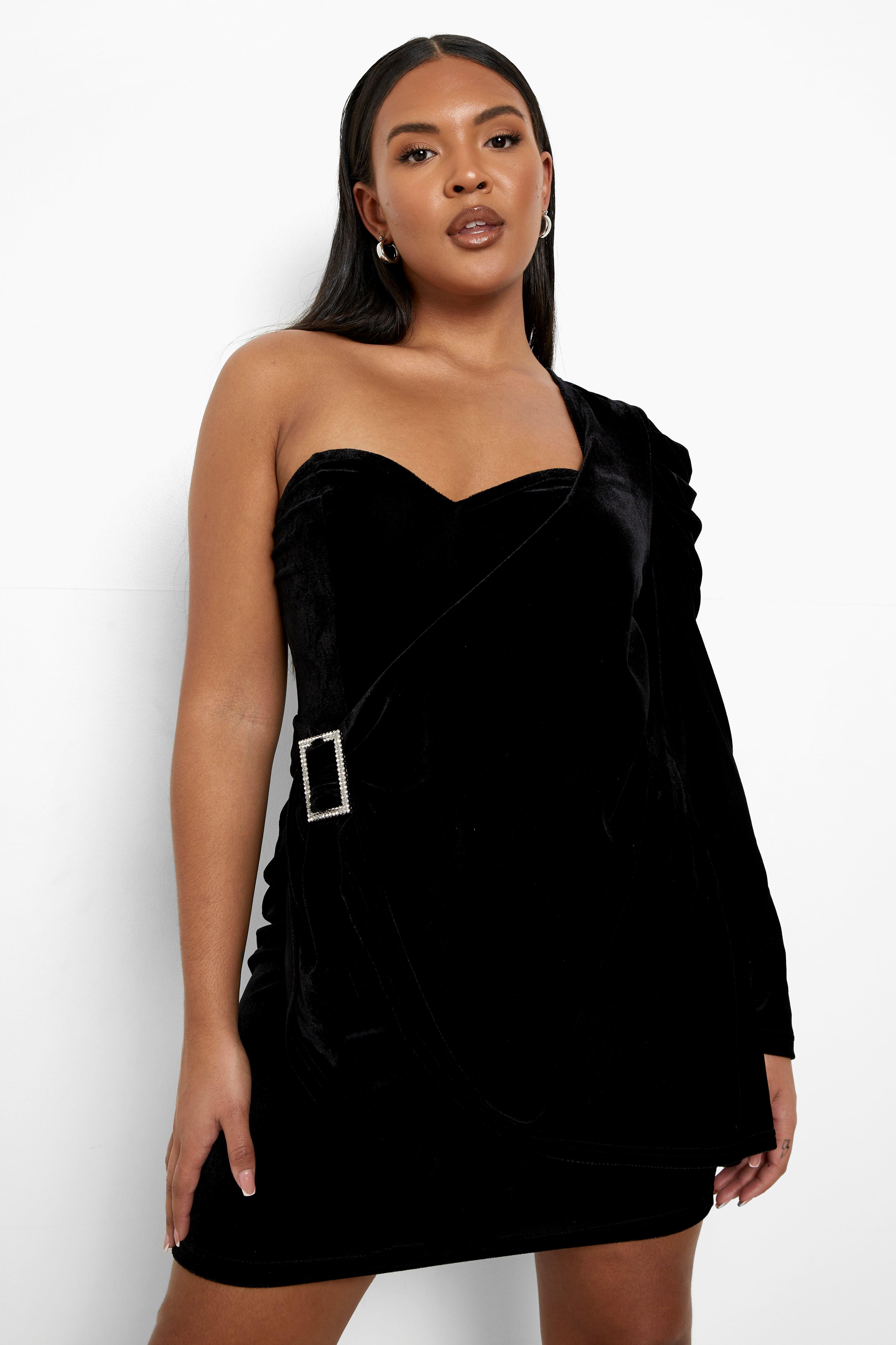 One shoulder store black velvet dress