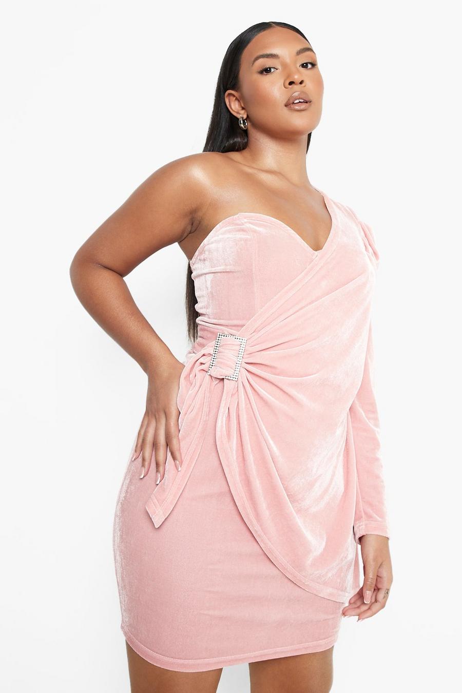 Blush pink Plus Velvet One Shoulder Mini Dress