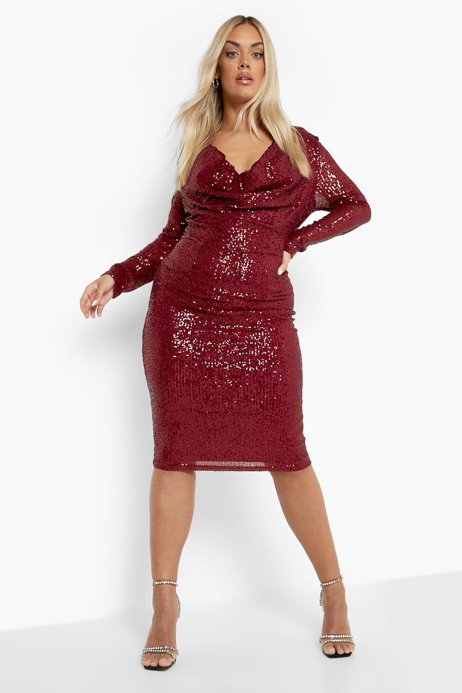 Berry Plus Sequin Cowl Neck Midi Dress image number 1