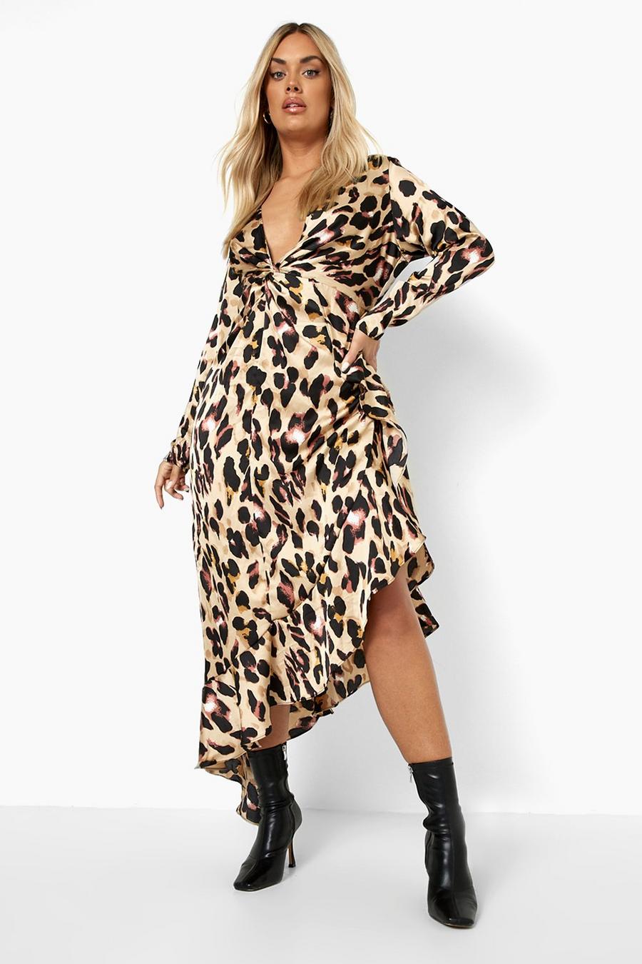 Plus Leopard Satin Asymmetric Wrap Dress
