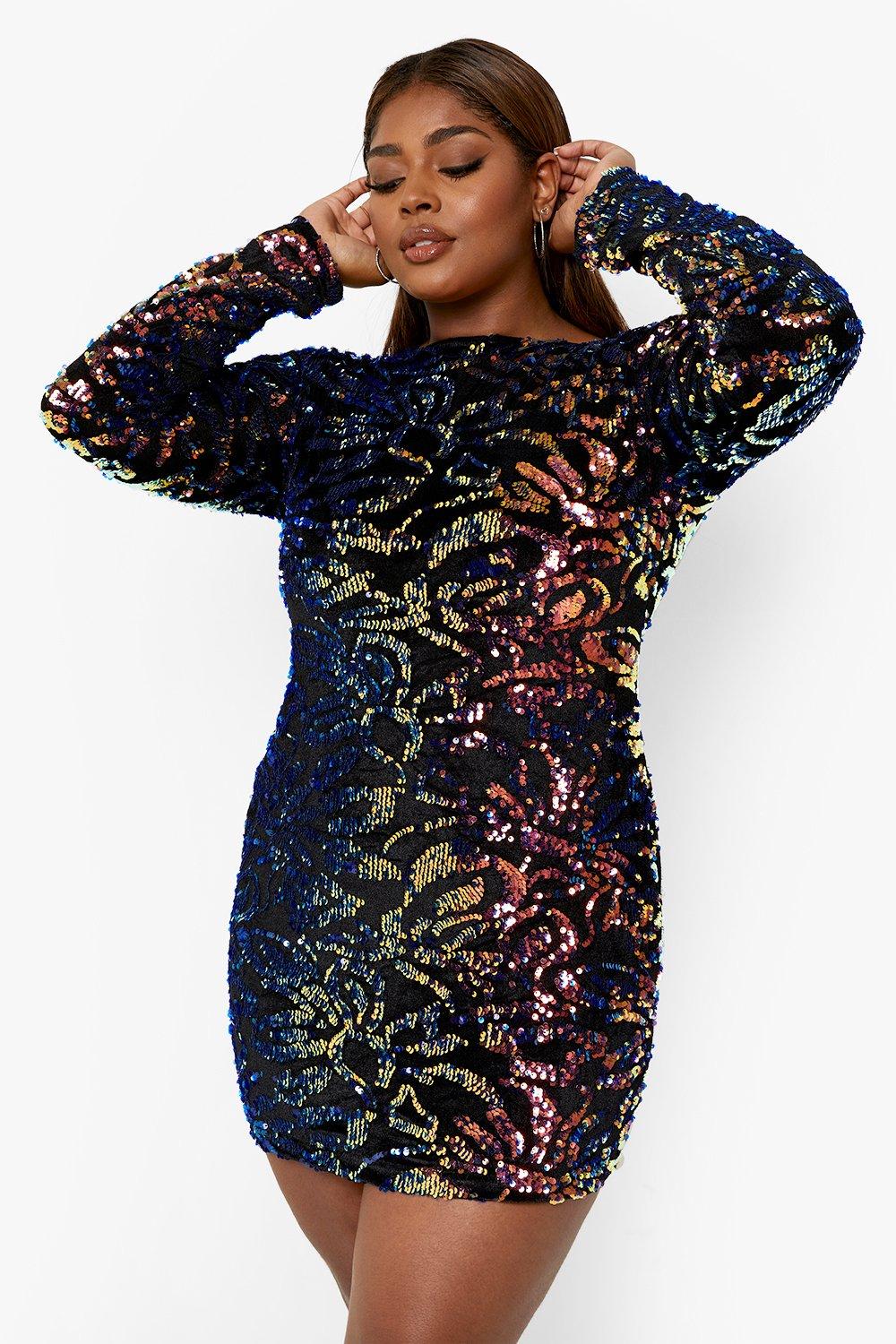 Plus Rainbow Sequin Long Sleeve Bodycon Dress