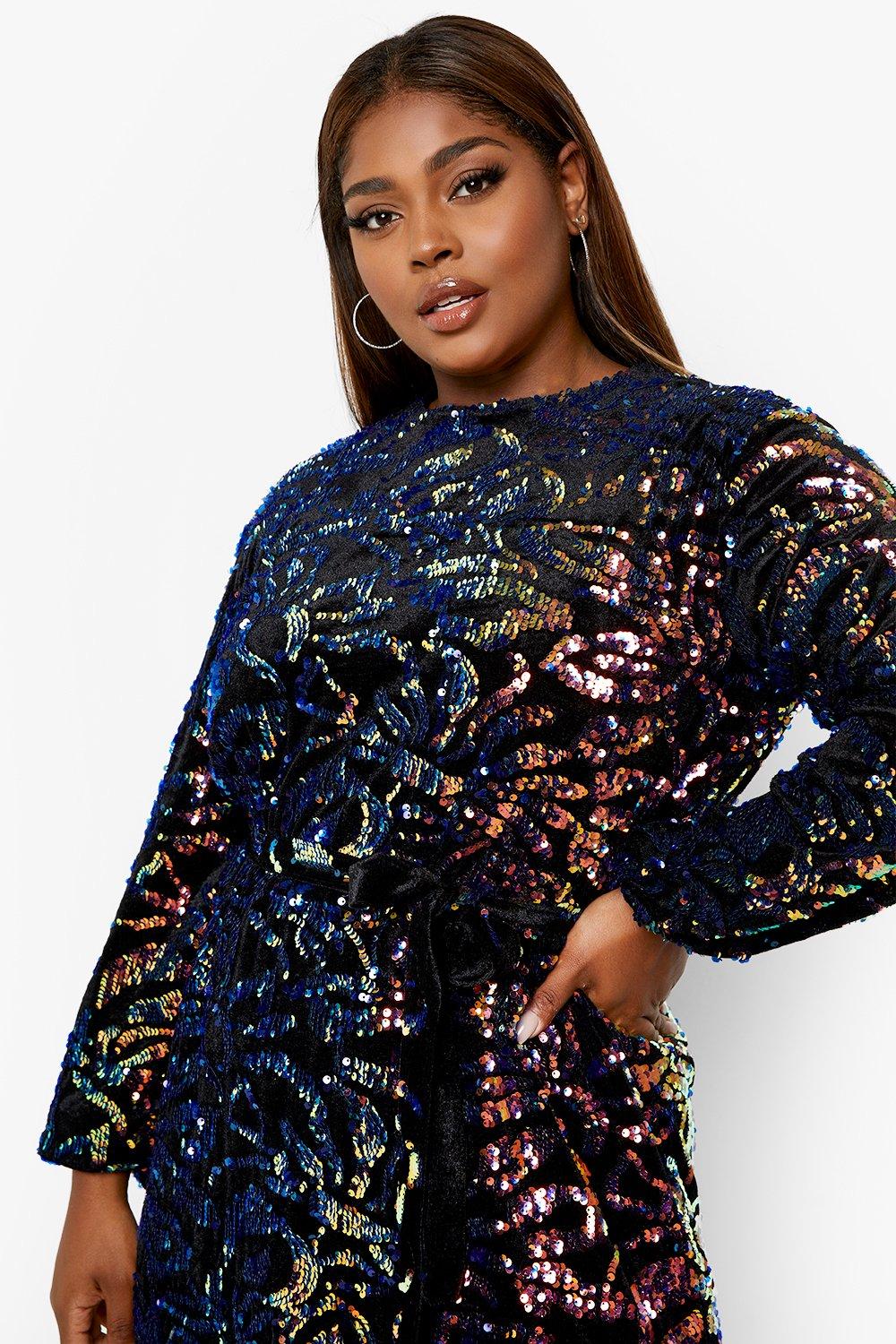 Women's Plus Rainbow Sequin Belted Shift Dress