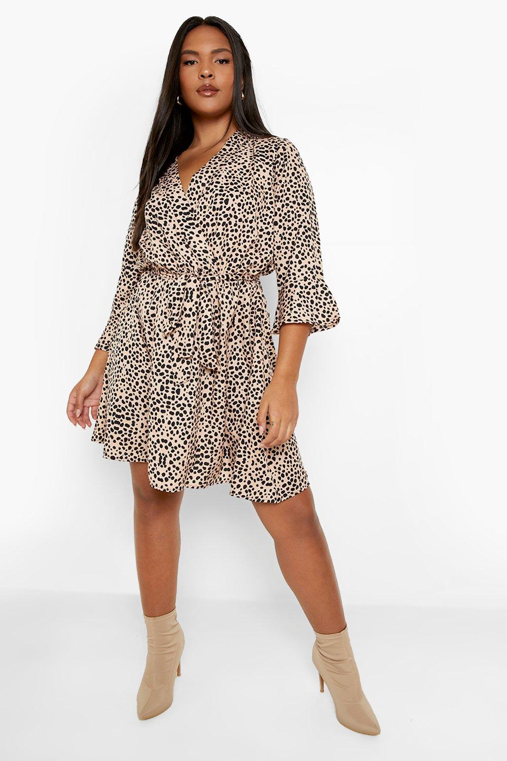 Leopard print wrap dress hot sale boohoo