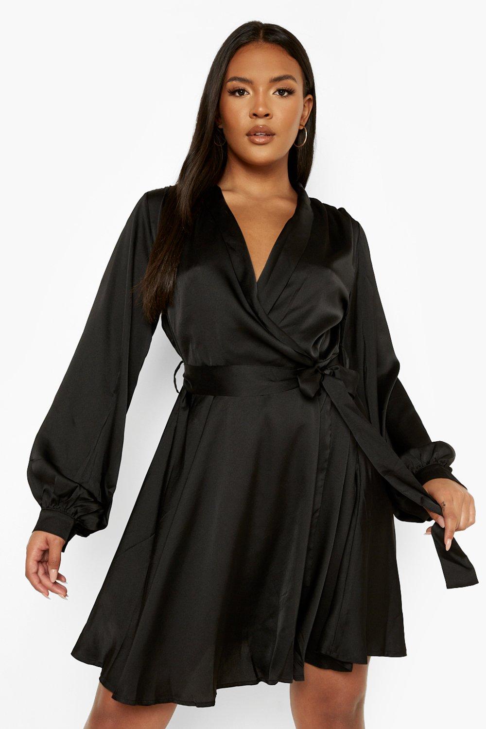 Black wrap skater dress hotsell