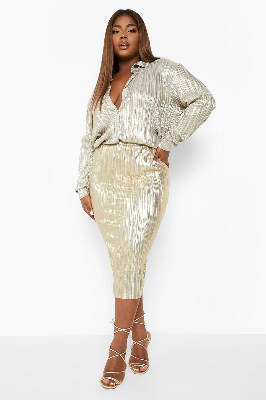 Gold Plus Glitter Plisse Tube Midi Skirt image number 1