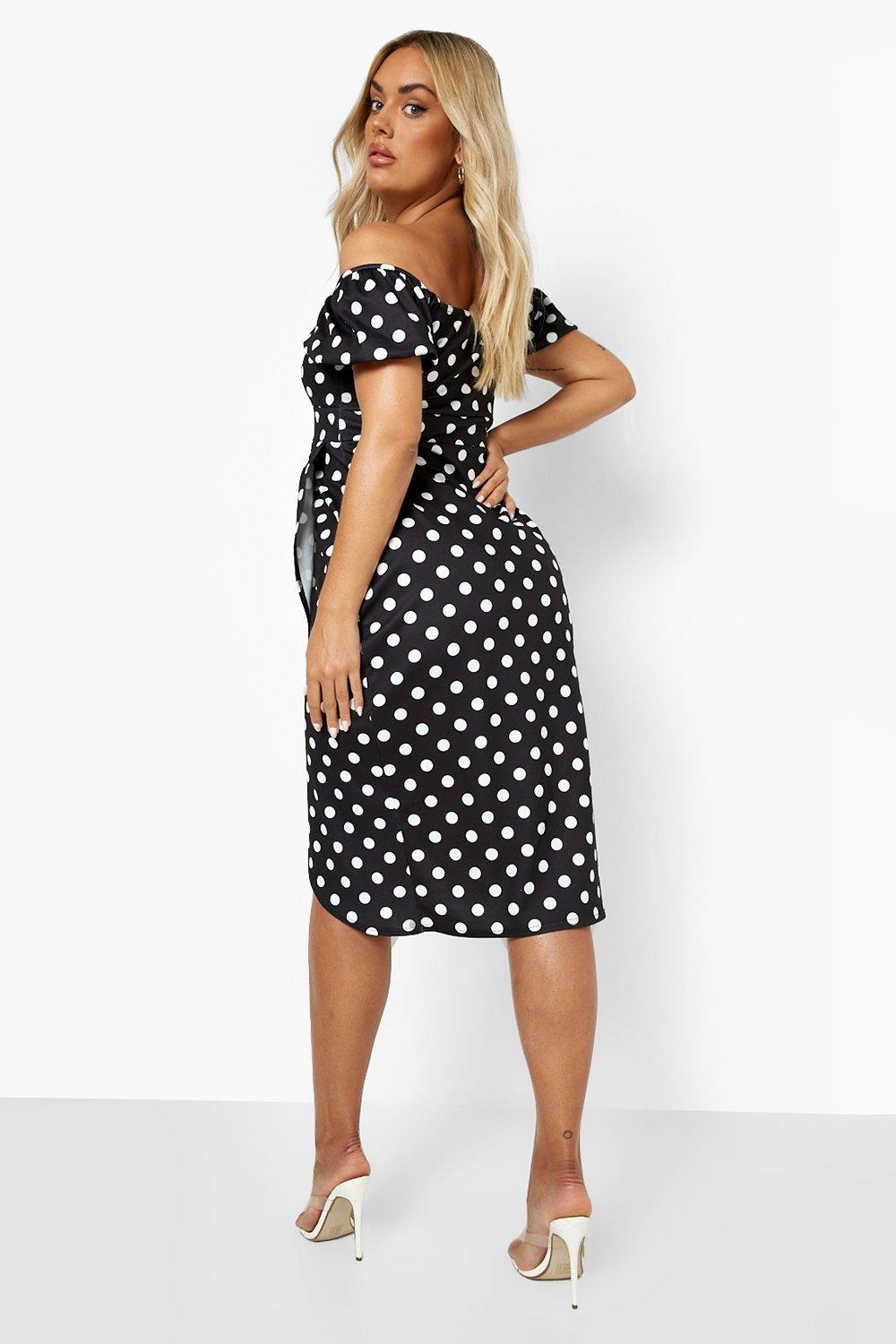 Satin Polka Dot Frill Detail Midi Dress