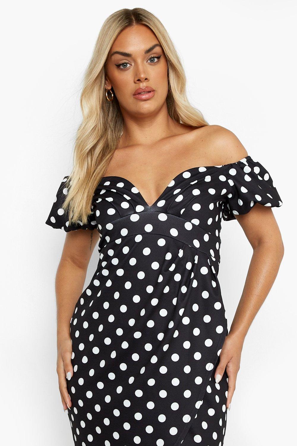 Black polka dot bardot dress sale